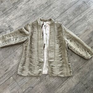Chico's Pewter Pleated Ruffle Open Front 3/4 sleeve Sz 2(12-14) LIKE NEW